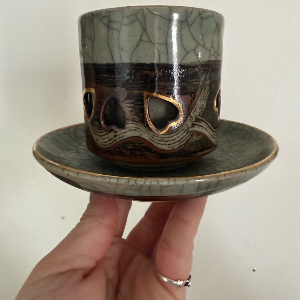 Vintage Japanese crackle somayaki double wall tea cup